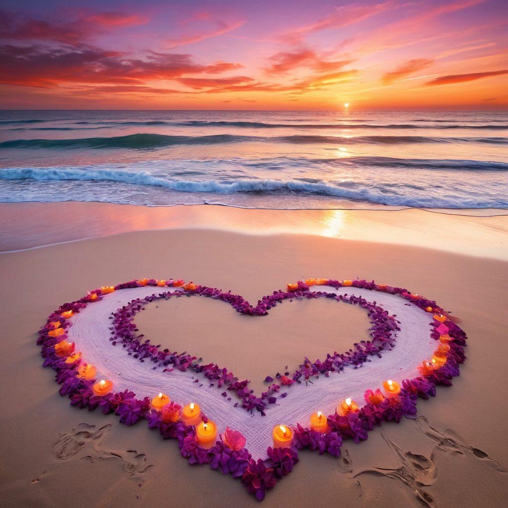 A serene sunset over a tropical beach, with two intertwined hands resting on a soft blanket spread on the sand. Surrounding them are heart-shaped flowers and flickering candles, symbolizing romance and tranquility. Soft waves gently lap at the shore, creating an ambiance of euphoria and fulfillment in love. The scene is infused with warm colors of orange, pink, and purple, inviting the viewer into a romantic paradise. super-realistic. vibrant colors. dreamy atmosphere.