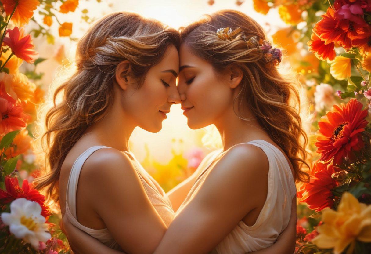 A couple entwined in a warm embrace, surrounded by vibrant blooming flowers symbolizing love and passion. Soft, golden sunlight filters through, casting a romantic glow on their joyful expressions. In the background, abstract shapes and colors represent the blissful emotions of a passionate relationship. super-realistic. vibrant colors. soft focus.