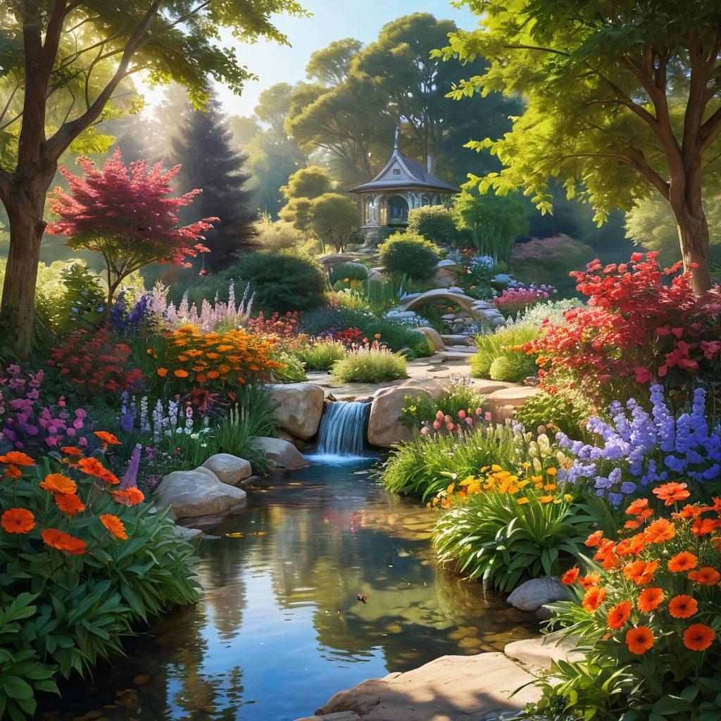 A serene landscape depicting a vibrant utopian garden filled with colorful flowers, where a diverse couple is joyfully sharing laughter and intimate moments. Soft sunlight filters through the trees, creating a magical atmosphere, while butterflies flutter around symbolizing passion and fulfillment. Include elements like a gentle stream and soft hills in the background to enhance the tranquility. super-realistic. vibrant colors. peaceful ambiance.